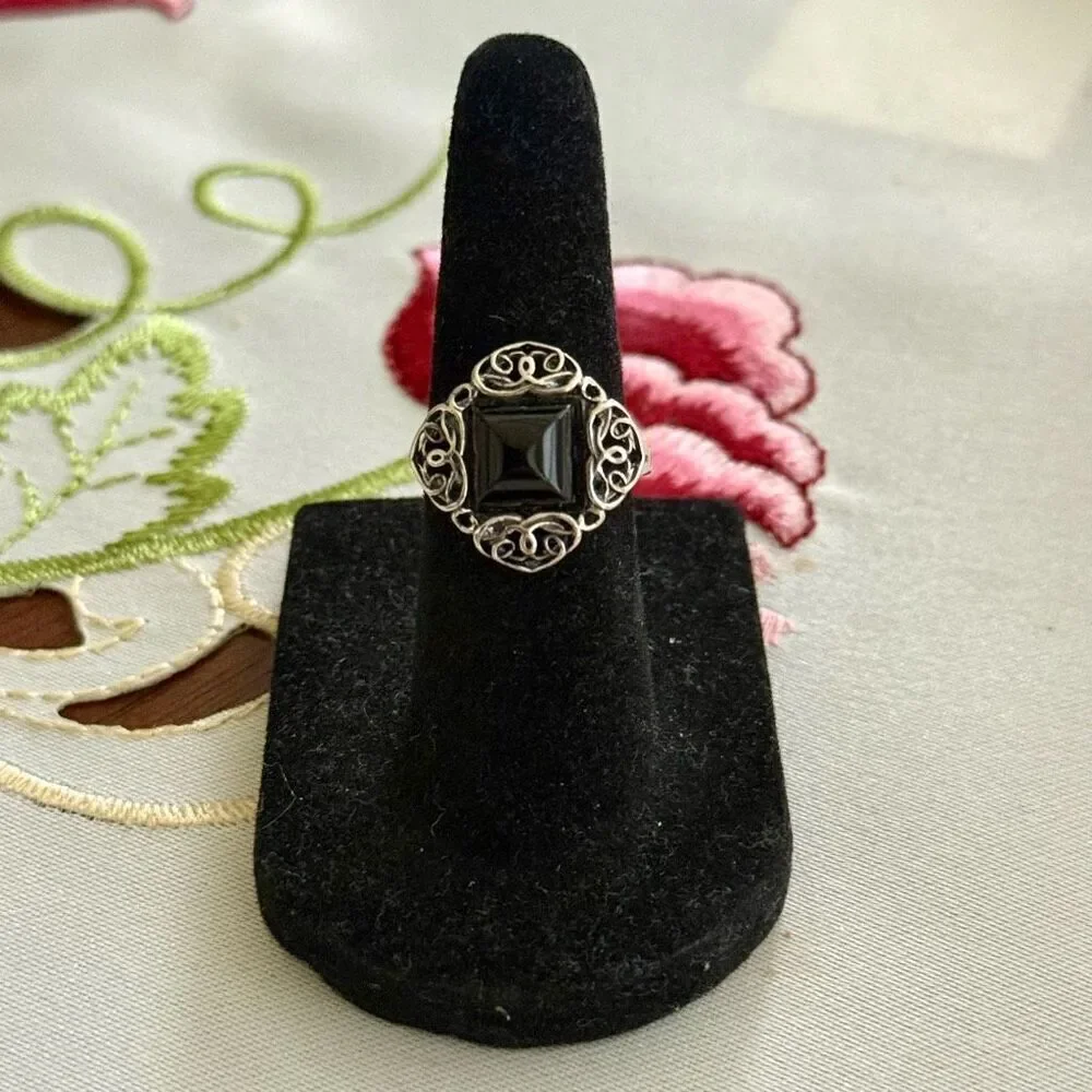 Unique Square Black Onyx Solitaire 925 Sterling Silver Ring Natural Simple Sz 6